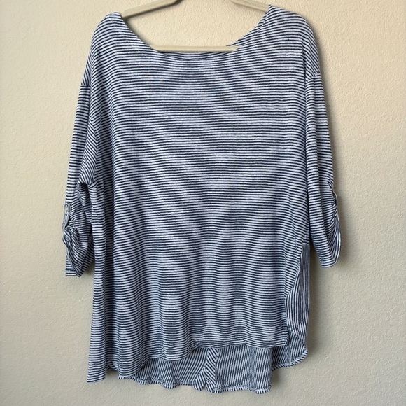 Adrienne Vittadini 2X Linen Three-quarter Sleeve Roll Tab Stripe Top Beachy - Picture 1 of 12